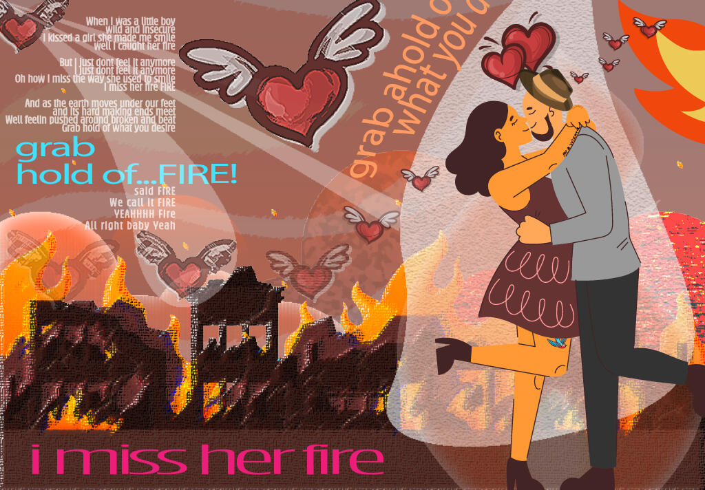 Artistic collage for the song 'I Miss Her Fire' by Langhorne Slim, blending illustrated and photographic elements. In the foreground, a loving couple is depicted in an embrace, dancing with smiles, surrounded by whimsical hearts and butterflies. Behind the