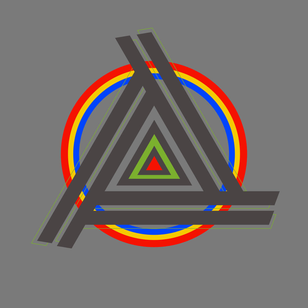 Modern abstract logo featuring a series of overlapping triangles in shades of black and gray, with a smaller, central triangle in green. This geometric figure is encircled by segments of colorful rings in red, yellow, and blue with subtle striped accents.