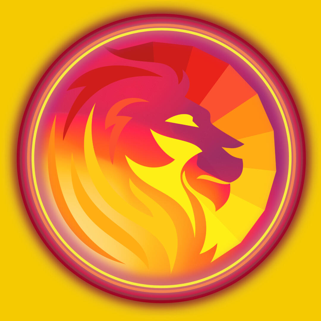 Dynamic logo featuring the silhouette of a lion's profile against a fiery gradient of yellow, orange, and red hues, suggesting strength and passion. The bold lion is framed within a golden circular border, creating a sense of nobility and power. This emble