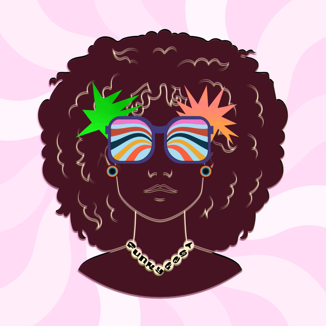 Vibrant and funky logo for FunkyFest 2023 featuring an illustration of a woman with a full afro hairstyle, adorned with colorful starburst decorations and wearing oversized sunglasses with a striped and swirled pattern. The character is accessorized with b